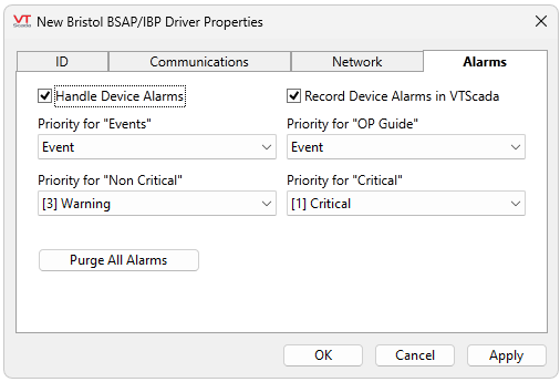 Enable handling device alarms, recording device alarms in VTScada. Set Priorities for events, OP guide, Non Critical, Critical. Purge all alarms.