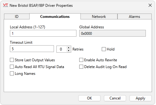 Set a local address and see the global address. Set timeout and retries limits. Optional hold, store last output values, auto rewrite, read all RTU signal data, delete audit log on read, enable long names.