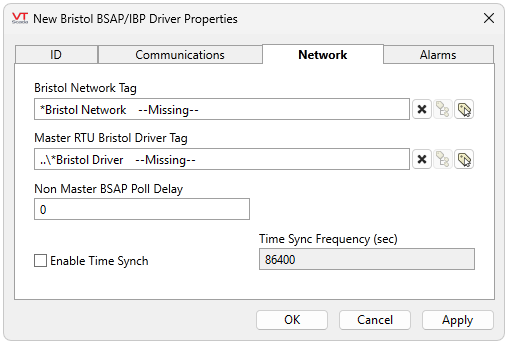 Select or confirm Bristol Network tag, Master RTU Bristol Driver tag. Set a Poll delay for subordinate BSAP, Enable Time Synch, and see Time Sync Frquency in seconds.