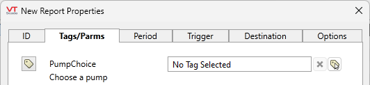 Use the tag selector to assign a tag to a parameter in reports generated with the report tag.