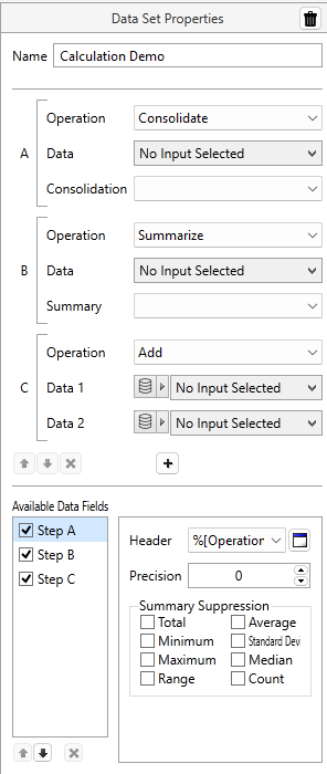 The calculation data set properties panel is like an expressions wizard. As steps are added and configured, drop lists and fields appear to accept additional settings and values. 