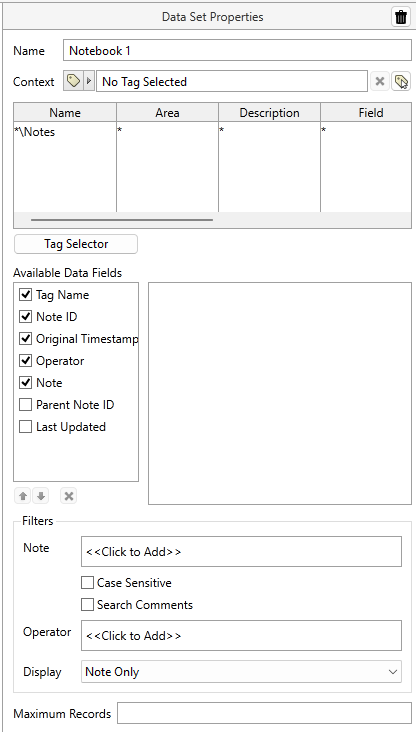 Notes Data Set properties is similar to Tag Query properties with additional Filtering options.