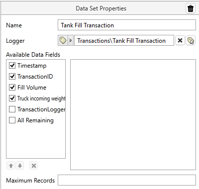 Edit the data set name, link a tag or select a custom parameter, enable data columns to include in a report and configure each column. Rearrange or remove columns, delete the data set or set a maximum number of records.