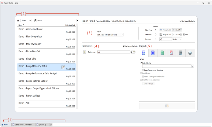 This image features the home tab of Report Studio. It contains an index of reports with a search button and plus button, Report period settings, parameters in a given report, and output options. 