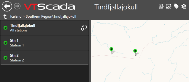 Two volcano stations are displayed on a map to indicate the volcano is being displayed as a folder.