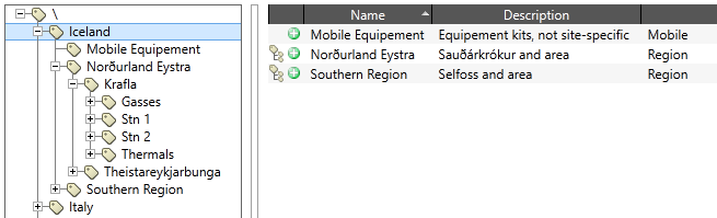 App tag hierarchy in descending order: Country, Region, Volcano, Stations. and Equipement