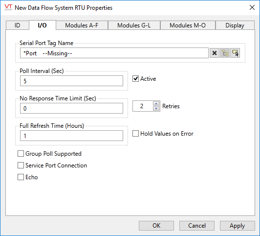 DataFlow RTU I/O tab