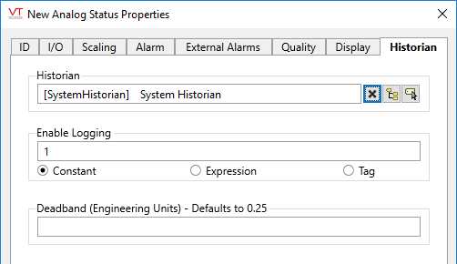 Analog Status tag - Historian tab