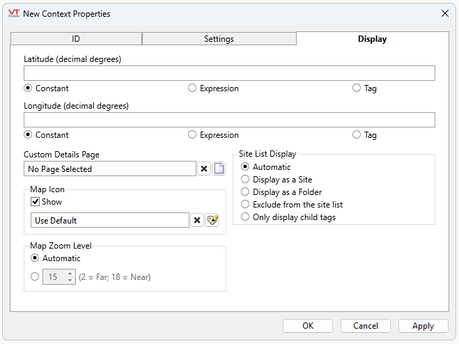 Site context tag display configuration tab