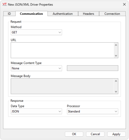 This tab includes Request and Response settings including request method, URL, Message content type and body and response Data Type and Processor.