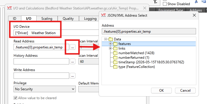A JSON/XML Driver is linked to an IO tag. In the I/O tab, a button with an elipses appears next to the Address fields. Click to open an Address Select dialog.