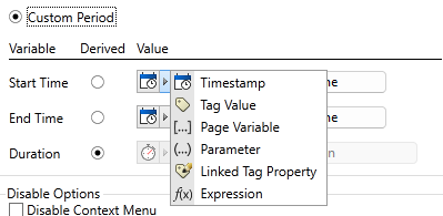 Reporting Period options including Timestamp, Tag Value, Parameter, Linked Tag Property, and Expression