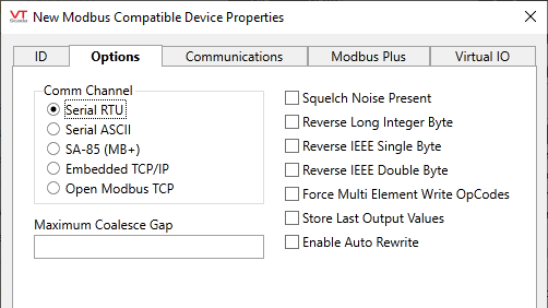 Modicon driver tag - options tab