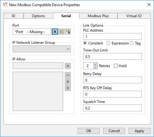 Modicon driver tag - serial tab