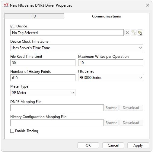 Link an IO tag, select the time zone source, set a file read time limit, max writes per operation, number of history points, FBx Series, Meter Type. Add a DNP3 Mapping file and History Config mapping file. Enable tracing.
