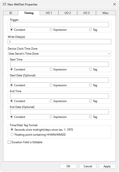 Configure the Trigger, write delays, time zones, start time and date, end time and date, time/date formats and enable duration field.
