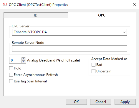 OPC driver tag, OPC tab