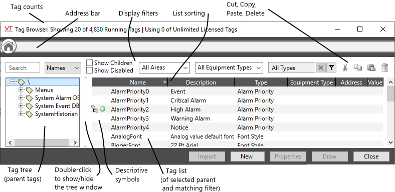 Default tag list in the Tag Browser Default tag list in the Tag Browser